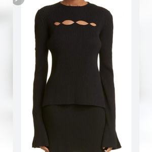 Mach & Mach Black Wavy Cut Out Long Sleeve Rib Knit Pullover Top